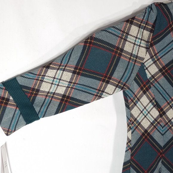 Robbie Bee Signature Sweater Dress Wm Lg Teal Plaid Cowl Turtleneck 3/4 Sleeve - Picture 10 of 12